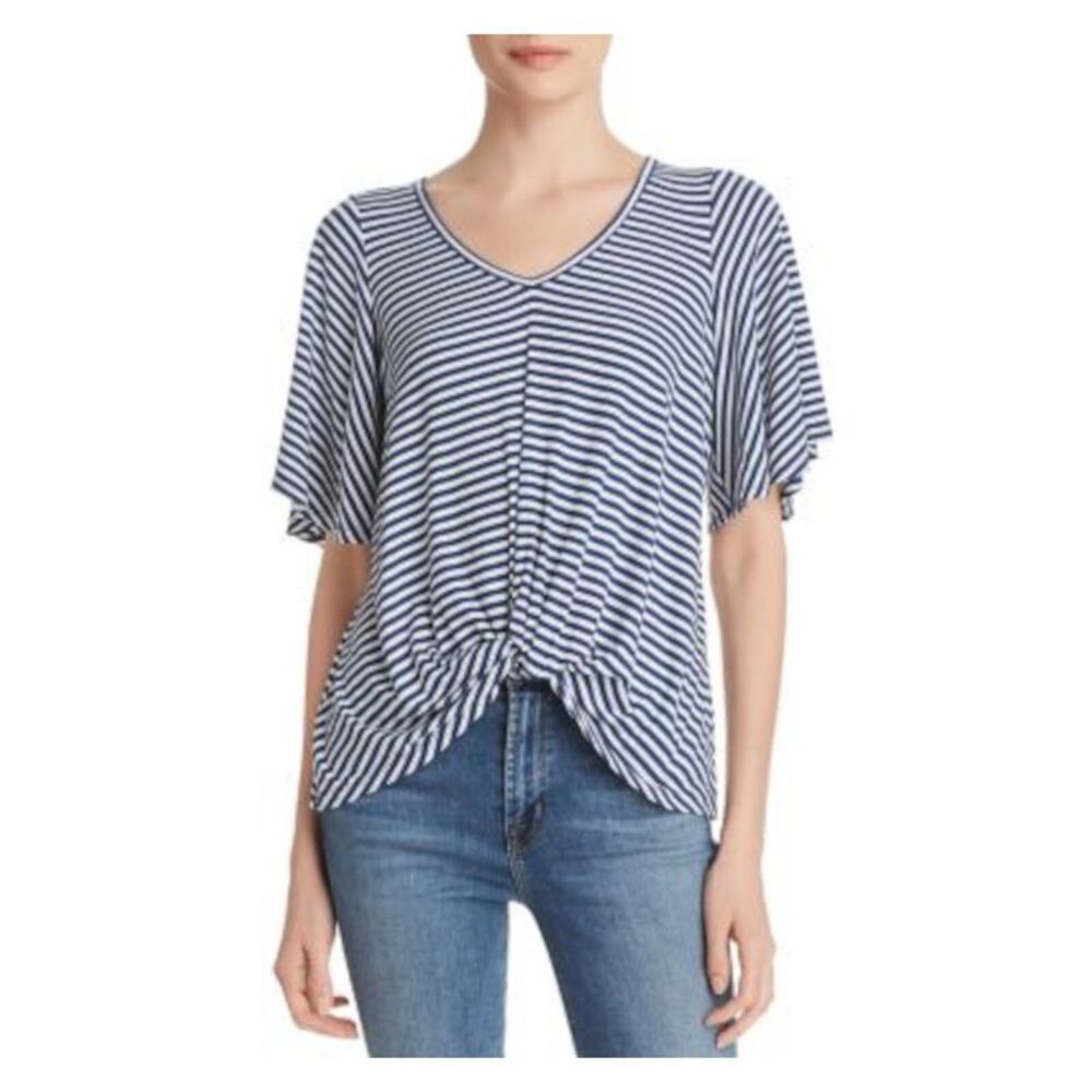 STATUS BY CHENAULT Womens Blue Stretch Twist Front Striped V Neck Top XS